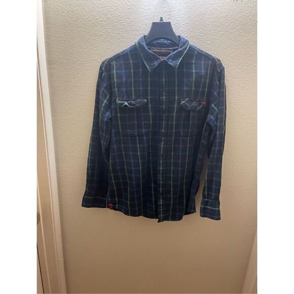 Tony Hawk Medium Plaid Flannel Collared Long Sleeve Button up  Blue Green - Picture 5 of 11